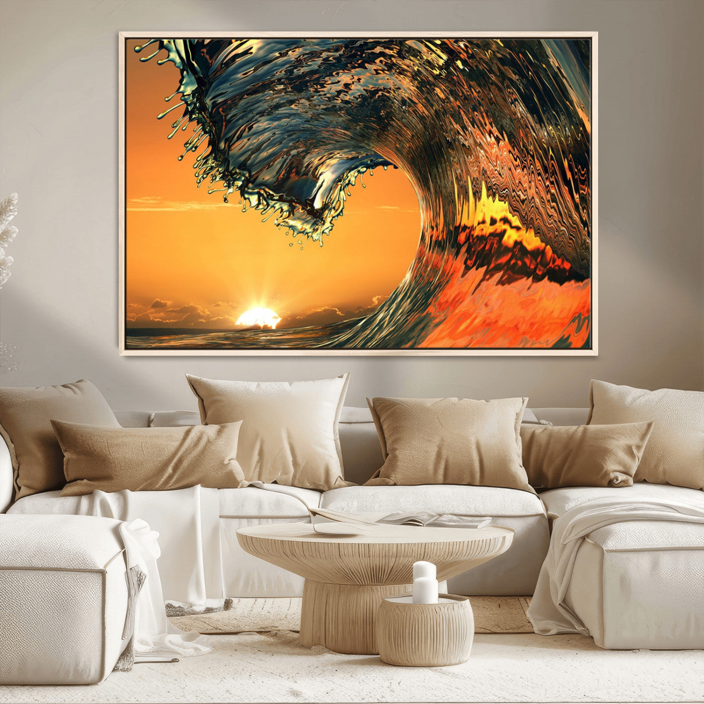 -Surf Wave Sunset Canvas Wall Art Print, 3-Panel Ocean Coastal Wall Art Print, Ocean Decor for