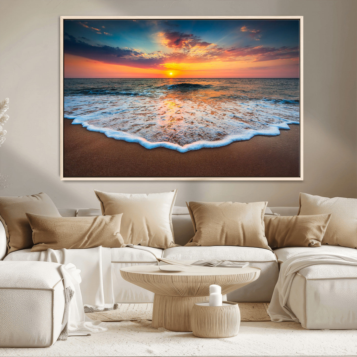 MGV-FC-36X24 - Sunset Beach Canvas Wall Art – Colorful Ocean Waves Triptych – Coastal Decor for Living Room or Bedroom – Framed and Ready to Hang