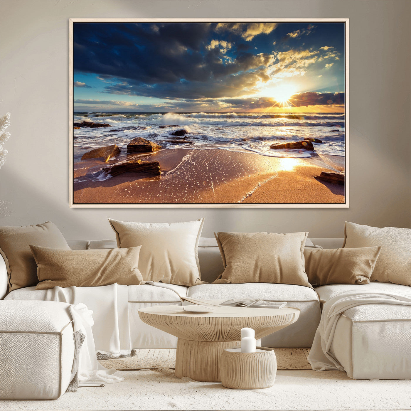 MGV-FC-36X24 - Golden Hour Beach Sunset Canvas Triptych, Ocean Waves and Rocks Wall Art for Coastal Home Decor