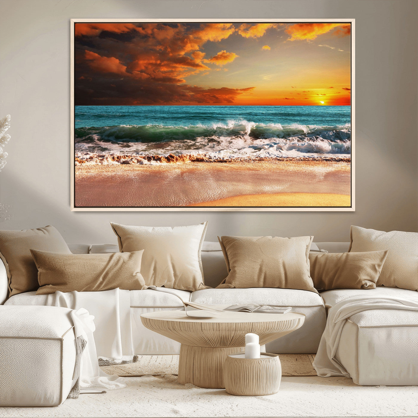 MGV-FC-36X24 - Golden Sunset Beach Canvas Wall Art – Triptych Seascape Print – Framed and Ready to Hang for Living Room or Office