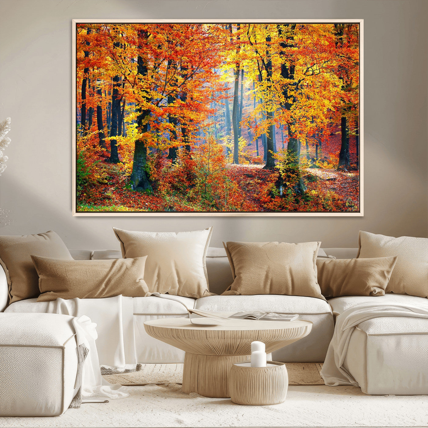 MGV-FC-36X24 - Autumn Red Forest Triptych Canvas Wall Art Print, Forest Wall Decor, Fall Landscape Art | Season Nature Landscape for Home or Office