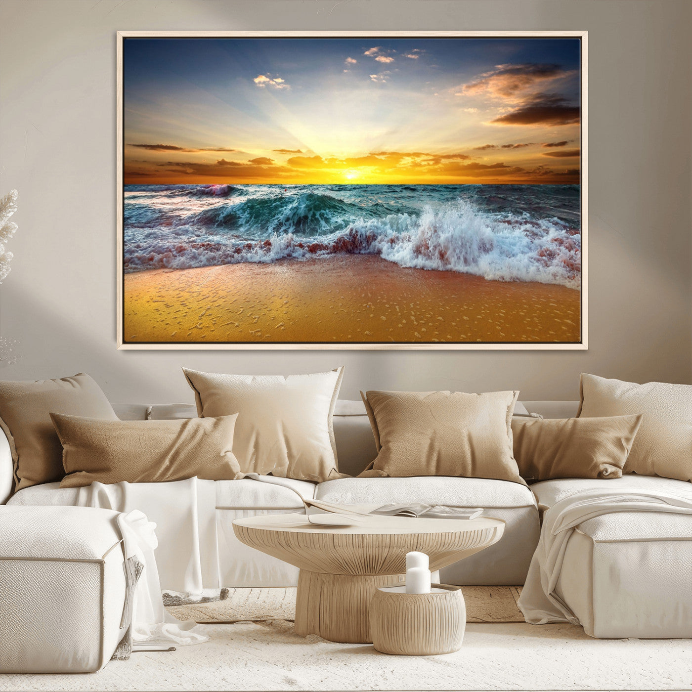 MGV-FC-36X24 - Golden Sunset Ocean Waves Wall Art Canvas Print – Multi Panel Beach Canvas Print Set – Large Coastal Triptych Print for Home or Farmhouse Decor