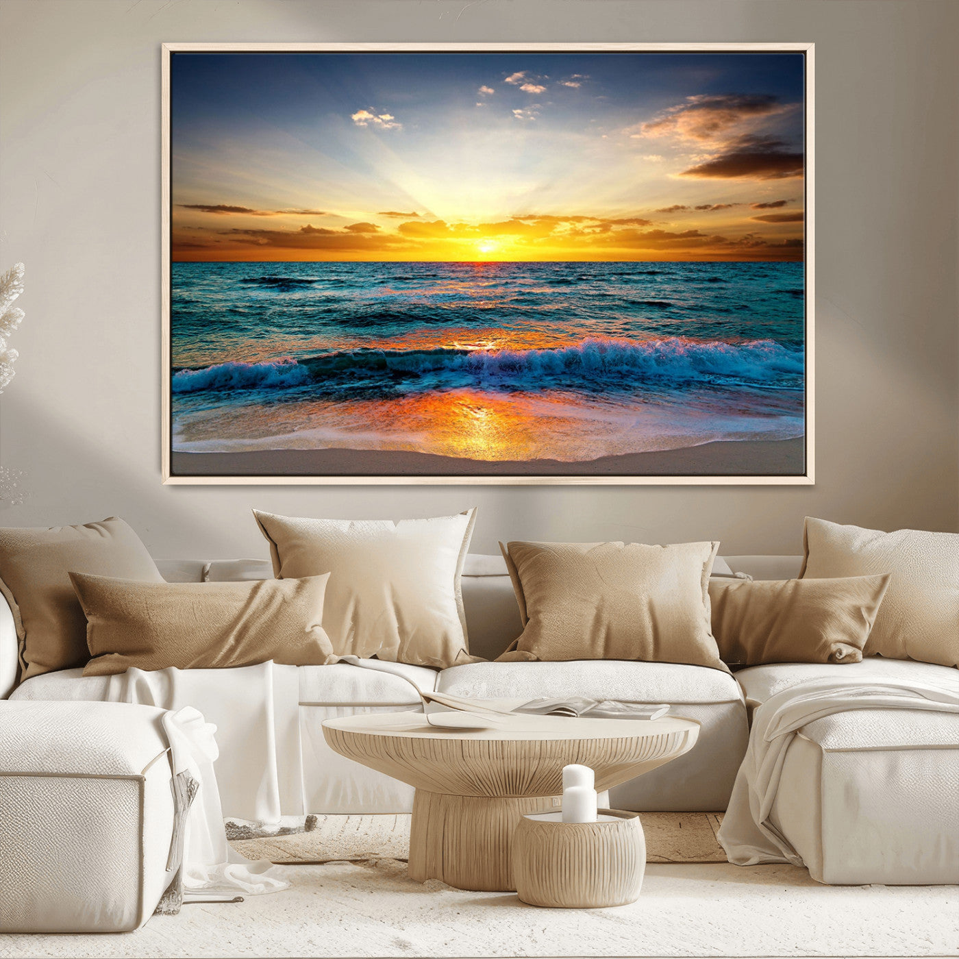 MGV-FC-36X24 - Vibrant Ocean Sunrise Over Golden Beach Waves, Giclee Canvas Wall Art Set, High-Quality Stretched Canvas Print, Ready to Hang Coastal Sunset Wall