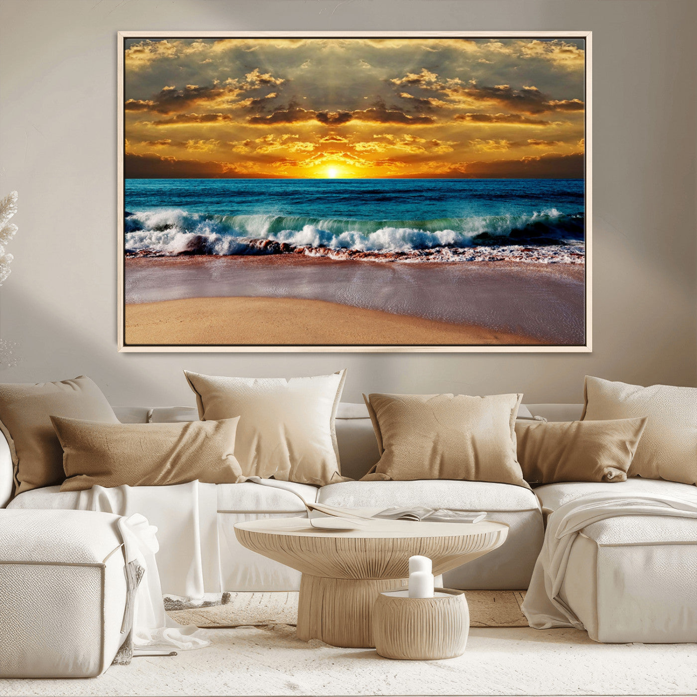 MGV-FC-36X24 - Ocean Sunrise Over Golden Beach Waves, Giclee Canvas Wall Art Set, High-Quality Stretched Canvas Print, Ready to Hang Coastal Sunset Wall Decor