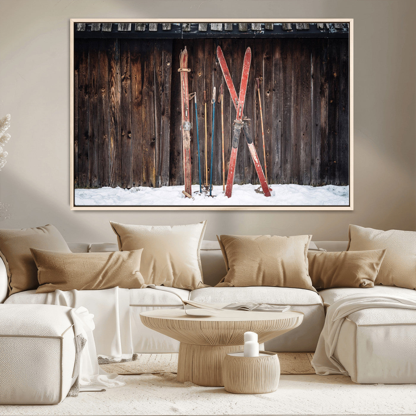 MGV-FC-36X24 - Vintage Ski Gear Against Wooden Cabin Wall, Rustic Winter Sports Equipment Canvas Print, Ready to Hang Wall Art, Perfect for Lodge or Ski Cabin Decor