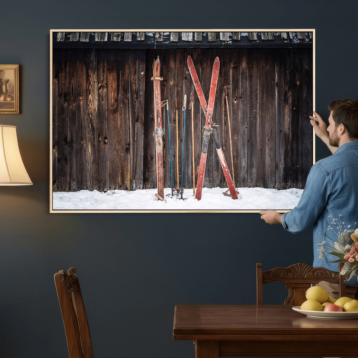 78590-MGV-CV-36X24 - Vintage Ski Gear Canvas Print, Vintage Ski Gear Against Wooden Cabin Wall