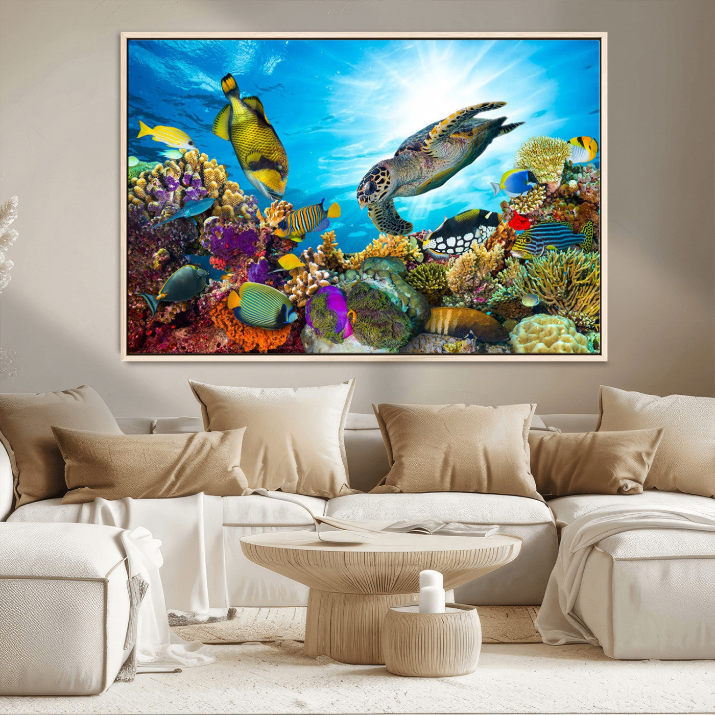 MGV-FC-36X24 - Sea Turtle Coral Reef Wall Art Print – Colorful Underwater Canvas Print – Tropical Ocean Marine Life Artwork – Perfect for Coastal Home Decor