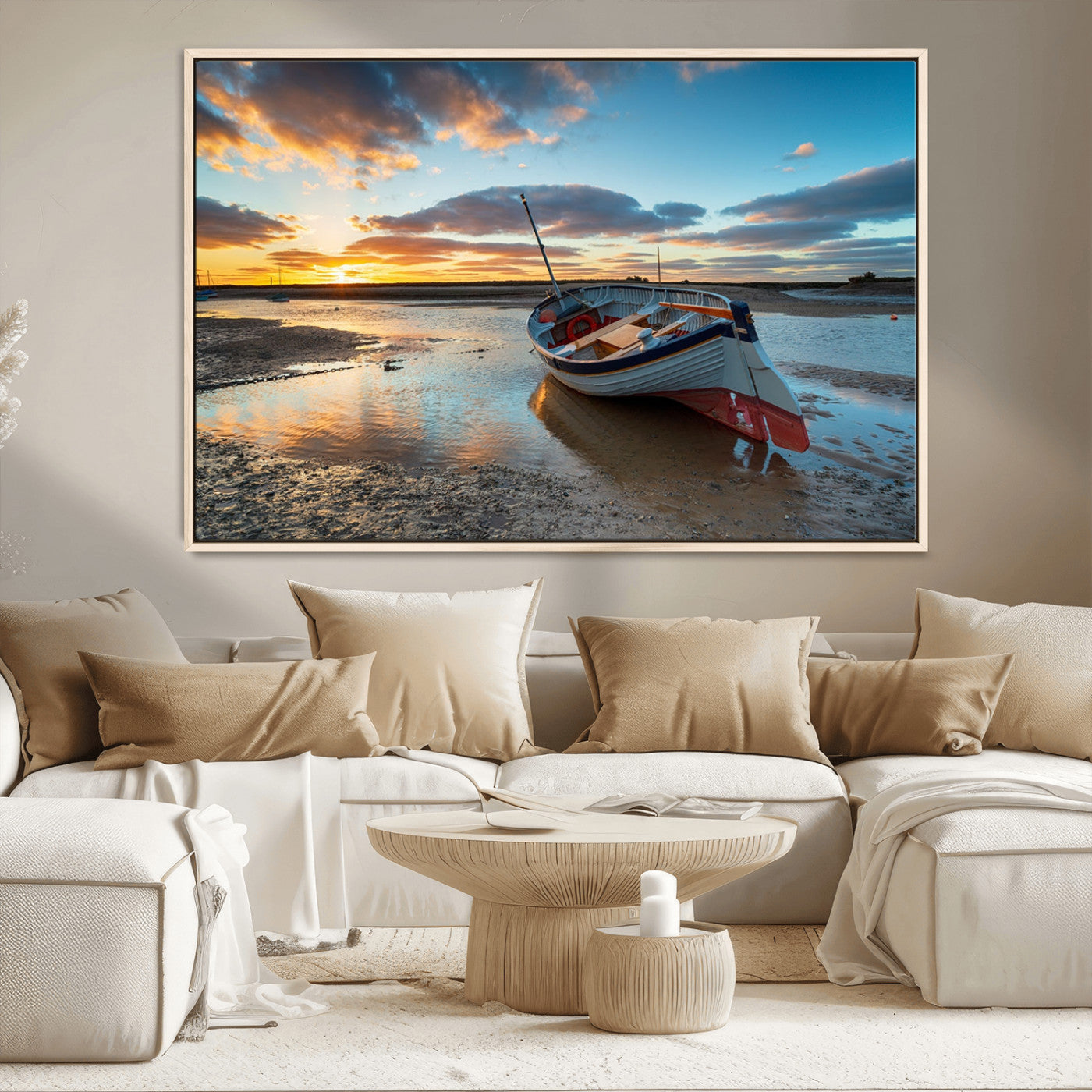 MGV-FC-36X24 - Small Boat At The Beach Sunset Wall Art, Boat Sunset Wall Art Canvas Print