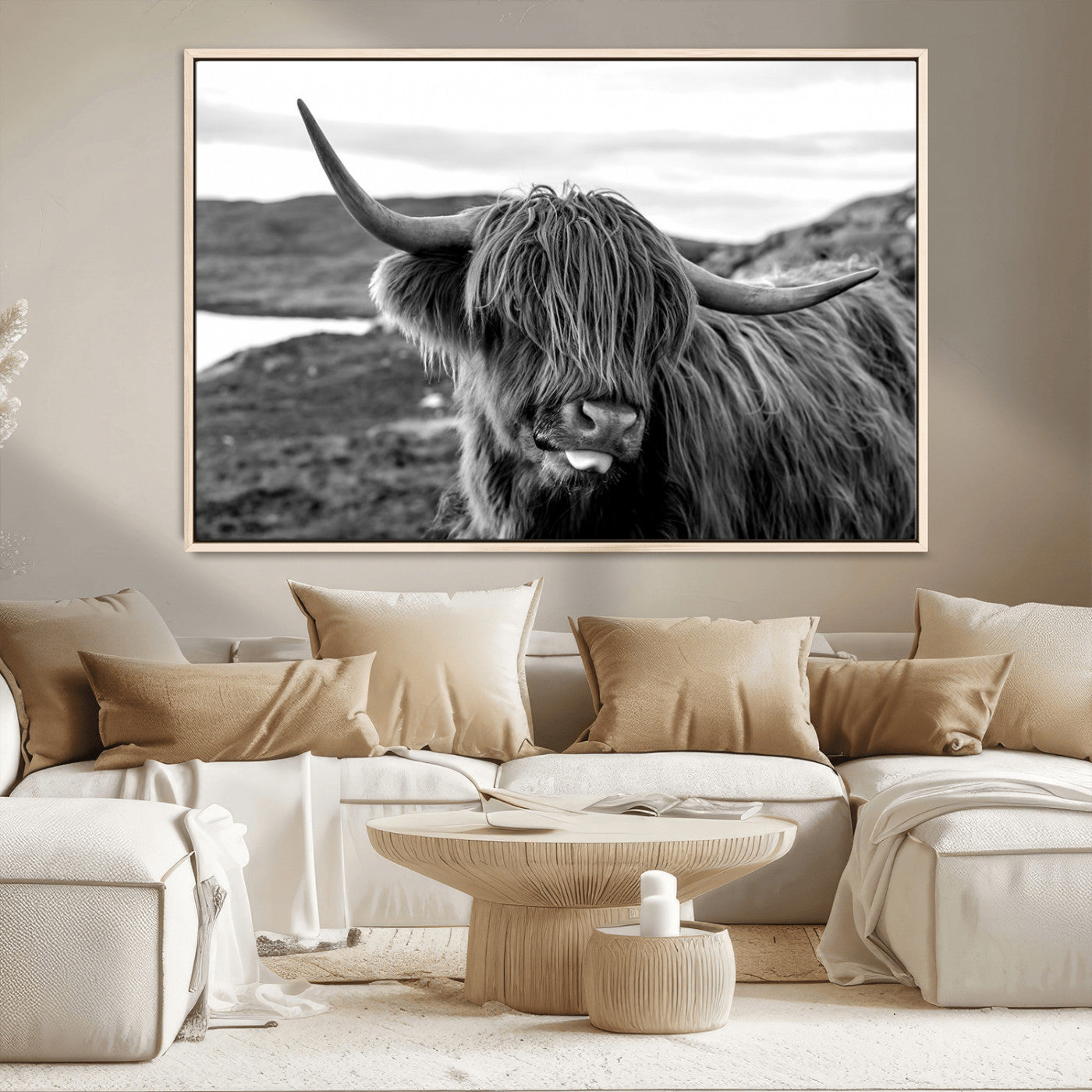 MGV-FC-36X24 - Highland Cow Canvas Wall Art – Black and White Animal Portrait – Framed and Ready to Hang Rustic Farmhouse Decor for Living Room or Office
