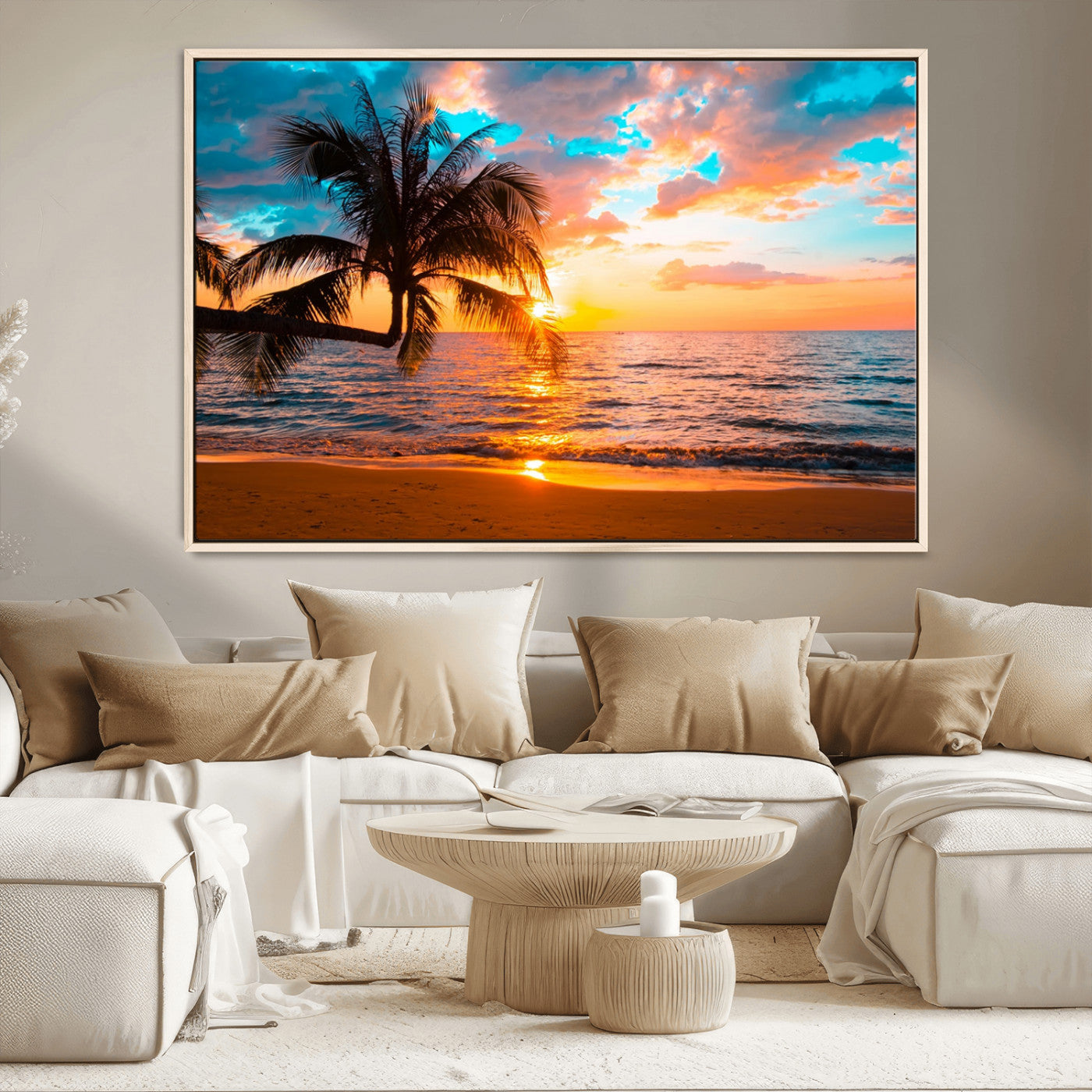 -Palm Tree Sunset On The Beach Wall Art Canvas, Framed Palm Tree Sunset Canvas Print