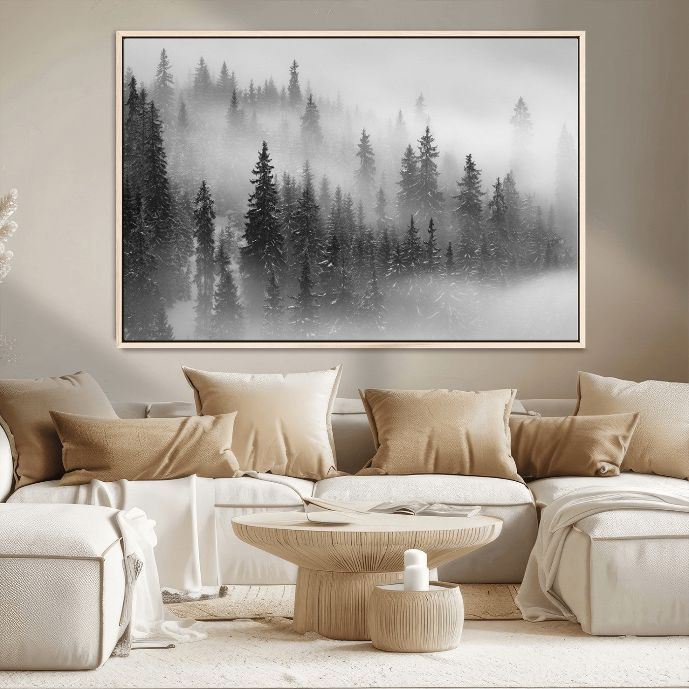 MGV-FC-36X24 - Black and White Forest Wall Art Print – Misty Pine Tree Canvas Print – Winter Woodland Nature Artwork – Perfect for Minimalist Home Decor