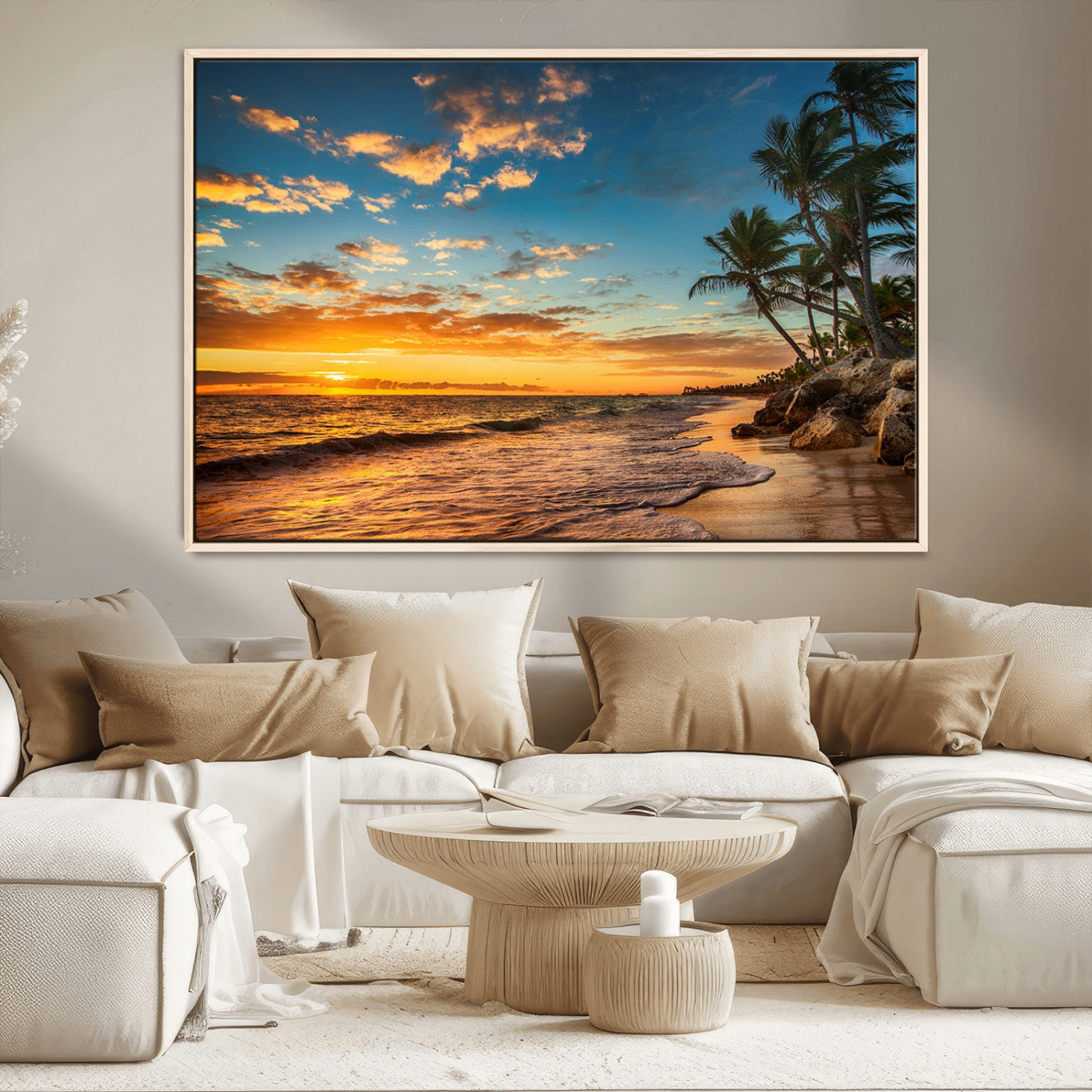 MGV-FC-36X24 - Tropical Beach Sunset Wall Art Print – Palm Tree Coastal Canvas Print – Ocean Seascape Artwork – Perfect for Tropical Modern Home Decor
