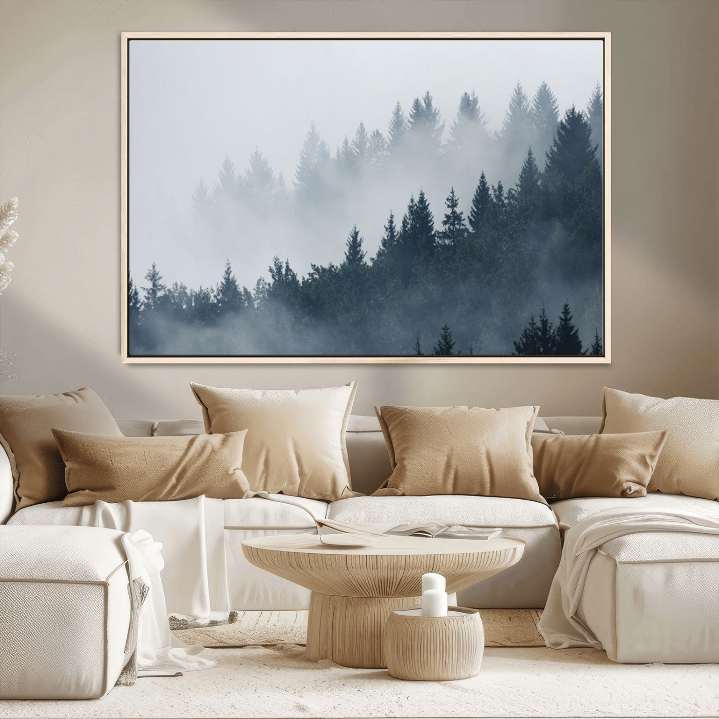 MGV-FC-36X24 - Misty Forest Wall Art Print – Foggy Pine Tree Canvas Print – Dark Woodland Nature Artwork – Perfect for Minimalist and Modern Home Decor
