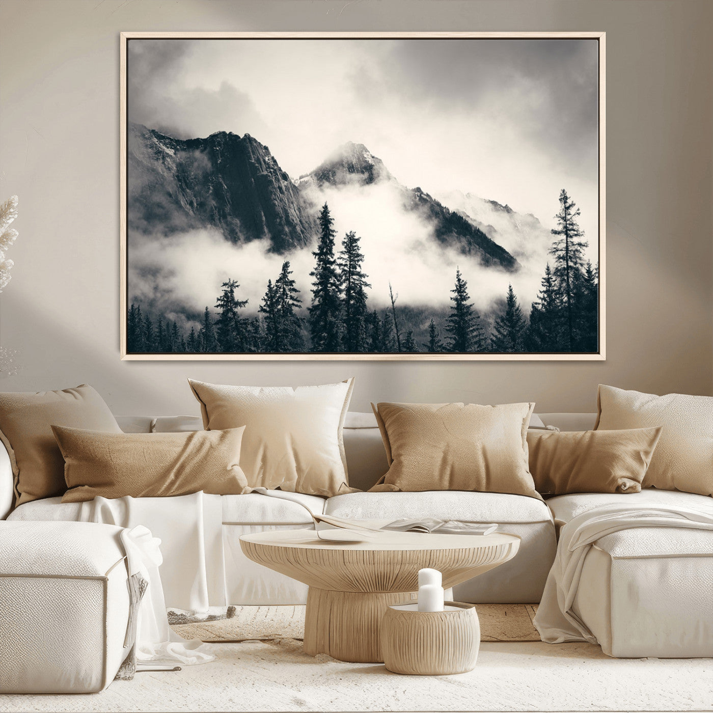 MGV-FC-36X24 - Large Foggy Mountain Forest Wall Art Canvas Print | Misty Mountain Peaks and Pine Trees Print | Framed Gallery Wrap | Rustic Nature Farmhouse Decor