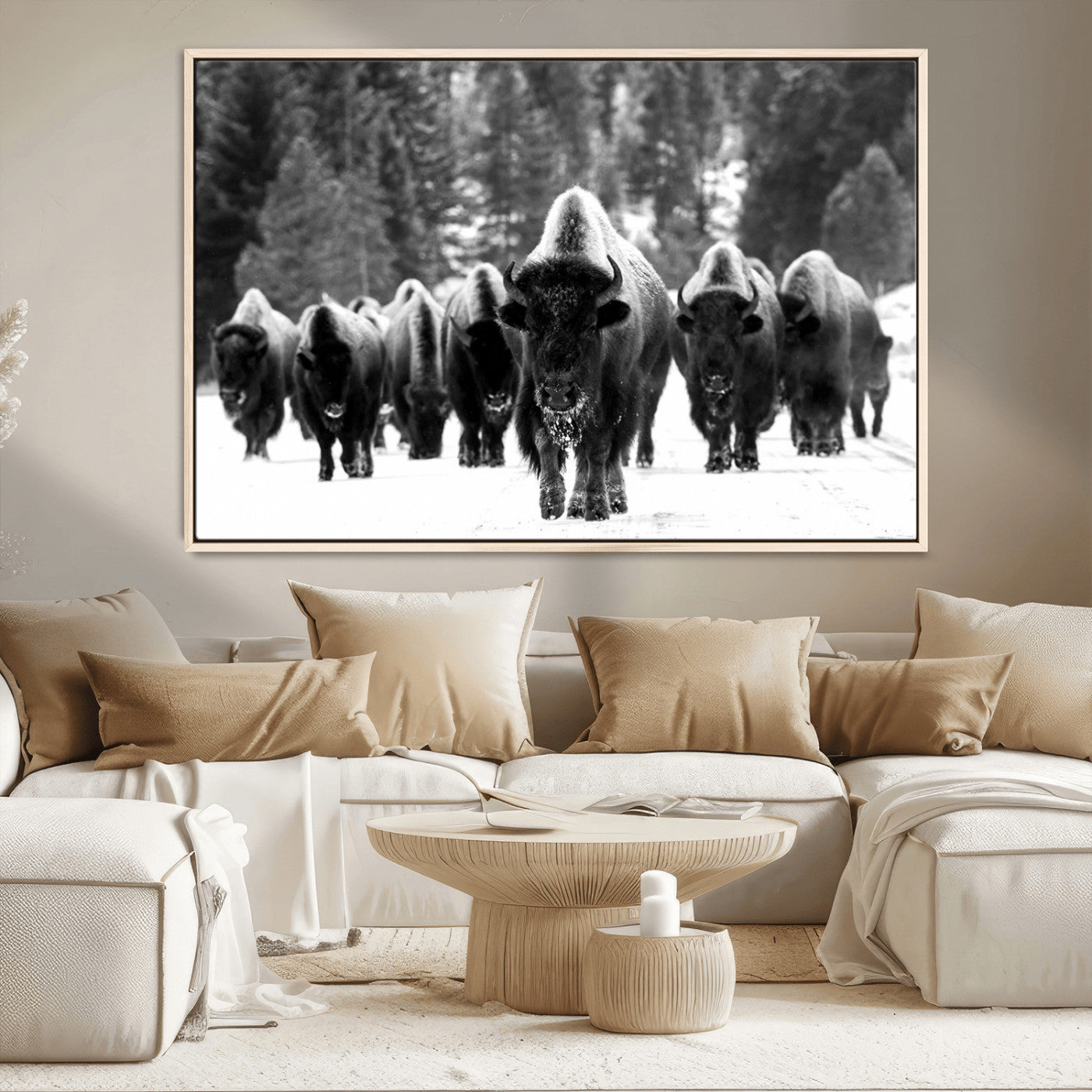 62434-MGV-CV-36X24-Bison Herd in Snow Wall Art Canvas Print | Rustic Western Bison Wall Art for Decor for Living Room,