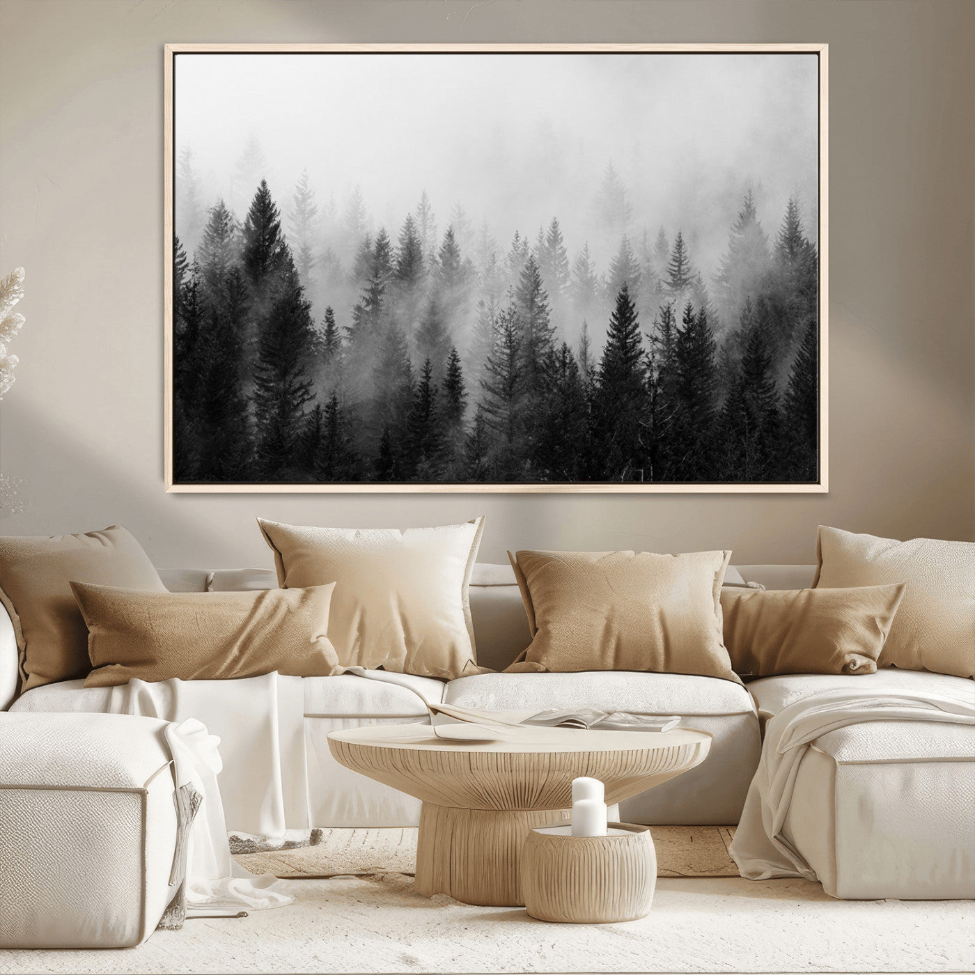 MGV-FC-36X24 - Foggy Black and White Forest Wall Art, 3 Panel Misty Pine Trees Canvas Print for Living Room, Office, or Bedroom, Nature-Inspired Woodland Wall Decor