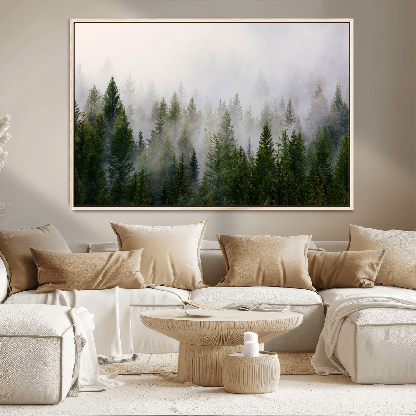 MGV-FC-36X24 - Misty Pine Forest Wall Art Canvas Print | 3 Panel Green Woodland Canvas Print for Living Room, Office, or Dining Room | Nature Foggy Forest Decor