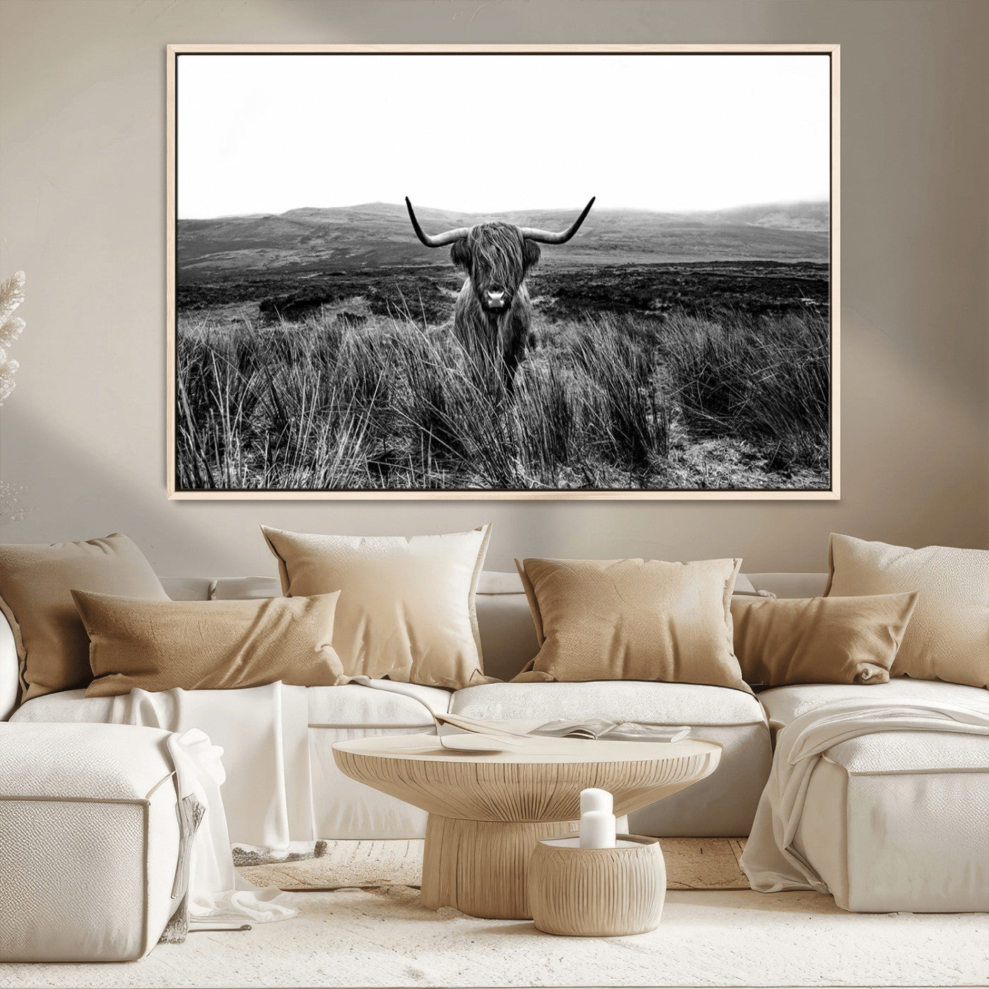 MGV-FC-36X24 - Black and White Highland Cow Canvas Wall Art, Longhorn Triptych Western Wall Decor for Cabin -