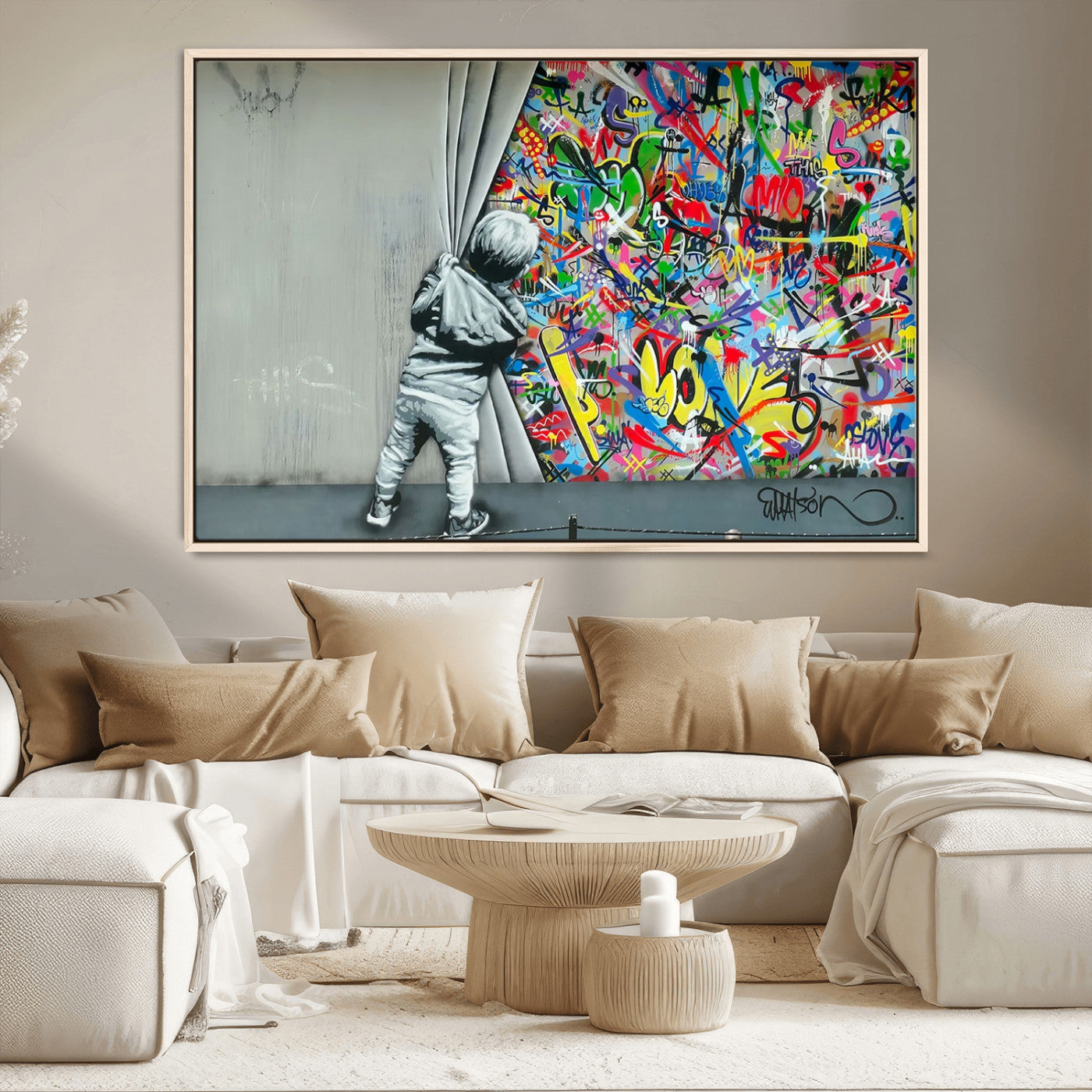 MGV-FC-36X24 - Banksy Colorful Street Graffiti Canvas Wall Art Print, Modern Art Triptych, Child and Graffiti Wall, Urban Art for Home or Office Decor
