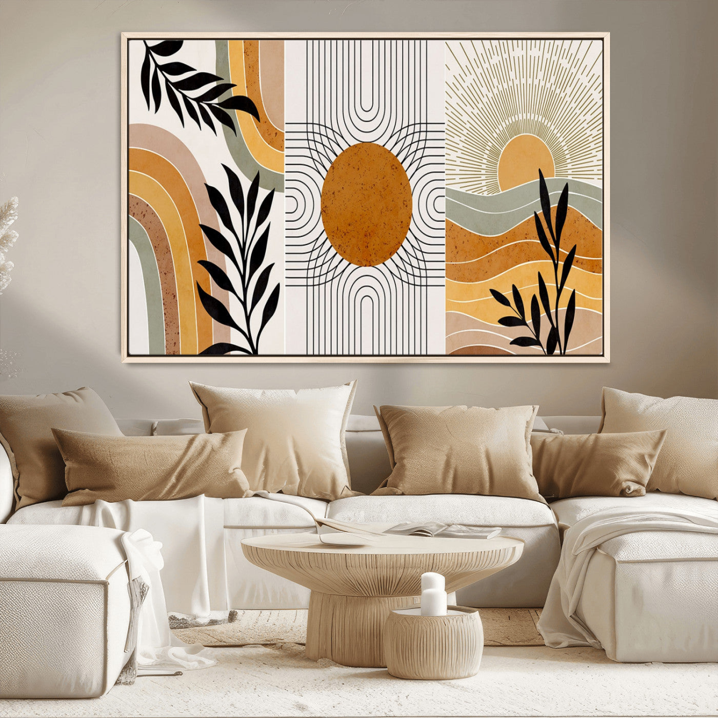 MGV-FC-36X24 - Modern Boho Sun and Leaf Abstract Art – 3-Panel Giclée Canvas for Mid-Century Modern or Bohemian