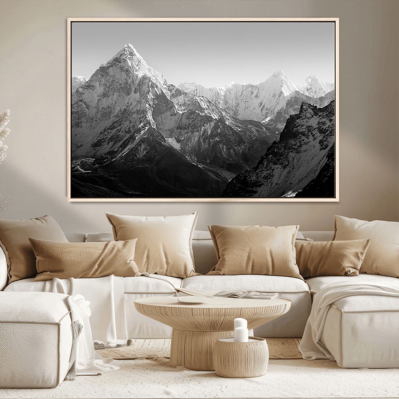 MGV-FC-36X24 - Everest Himalaya Mountain Peaks Black & White Triptych Canvas Art – Mountain Wall Decor for Minimalist Interiors
