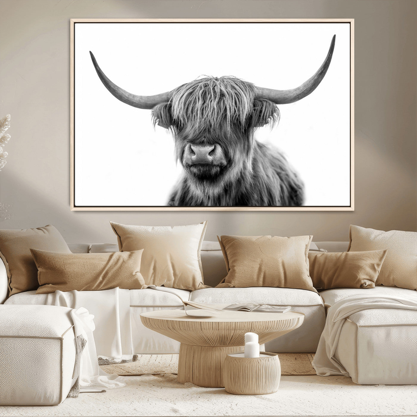 MGV-FC-36X24 - Grayscale Scottish Highland Cow Cattle Art Print Farmhouse Wall Art Canvas Print