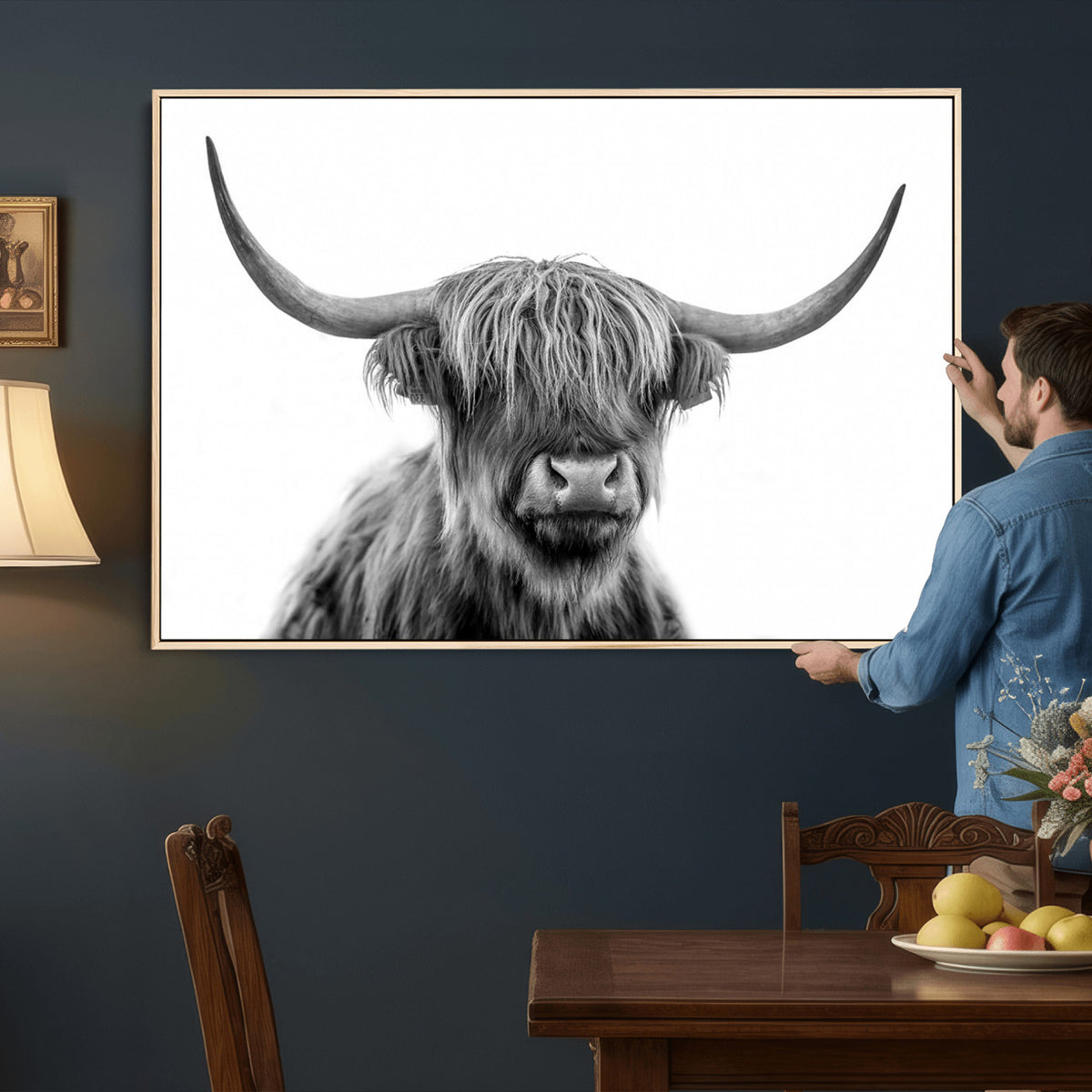 75503-_Poster-30x20 - Scottish Highland Cow Cattle Art Print Wall Art Canvas Print for Farmhouse Decor, Framed Scottish