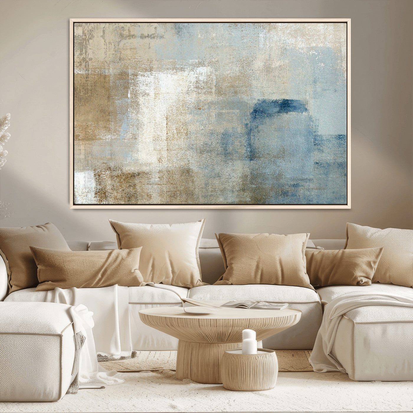 MGV-FC-36X24 - Abstract Blue and Beige Wall Art, Modern Minimalist Canvas Print Set, Giclee Textured Art, Large Multi-Panel Artwork for Living Room