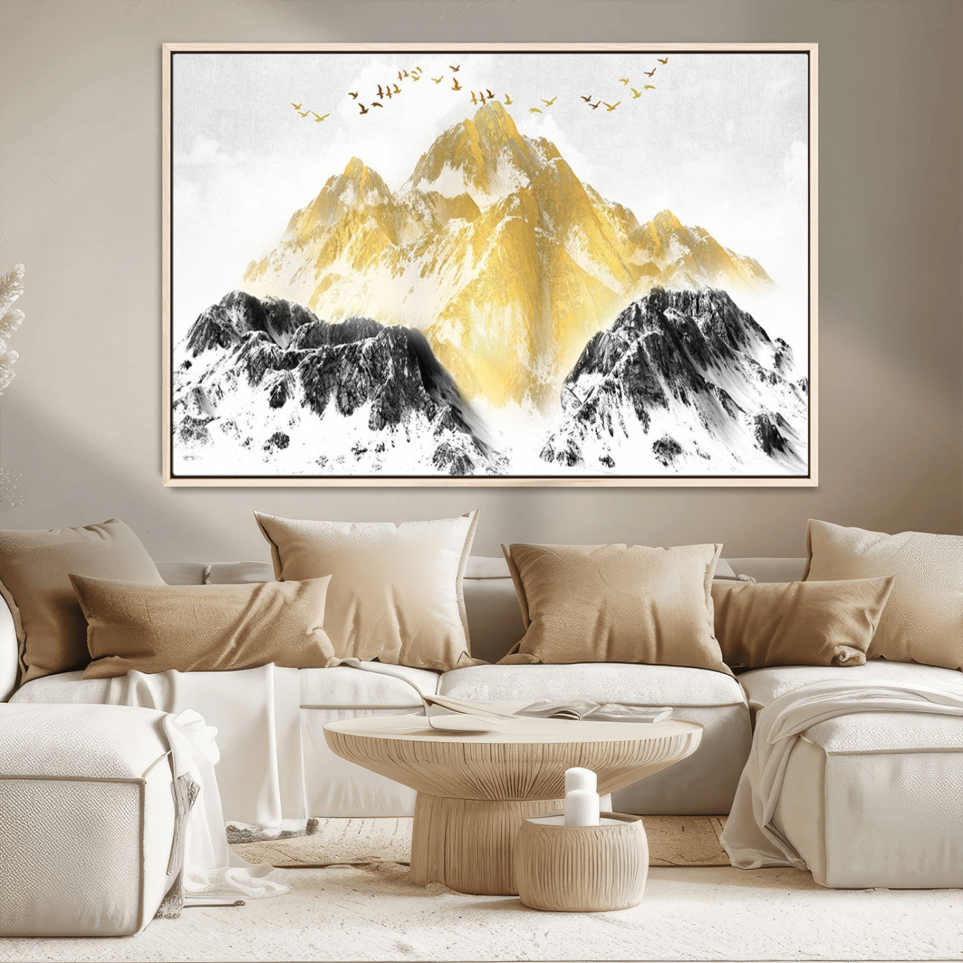 MGV-FC-36X24 - Golden Mountain Triptych Wall Art, Modern Giclee Canvas Print, Nature Landscape Decor for Living Room, Contemporary Gold and Black Wall Art