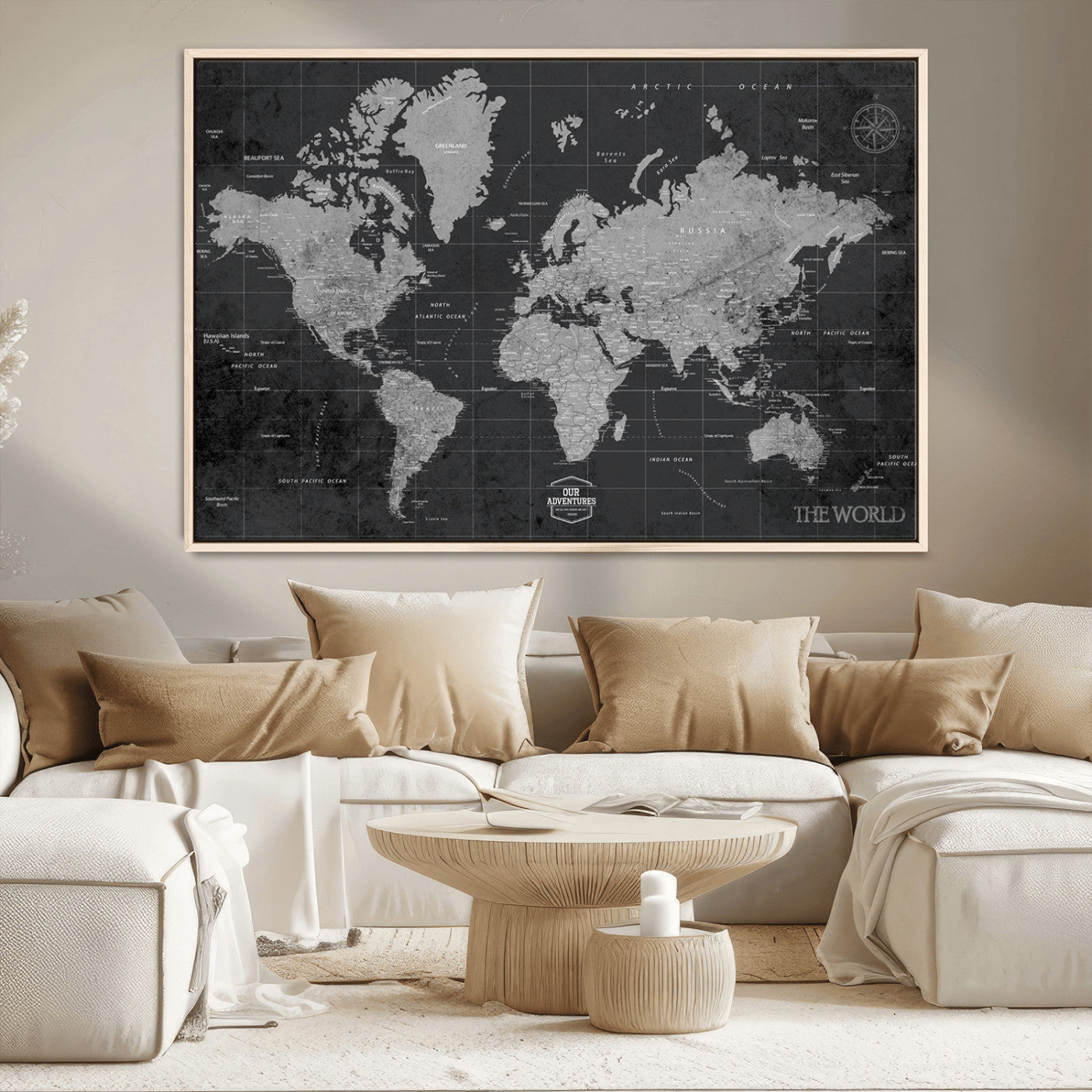 MGV-FC-36X24 - Push Pin World Map Canvas Print – Framed Wall Art for Couples to Track Their Travels – Anniversary