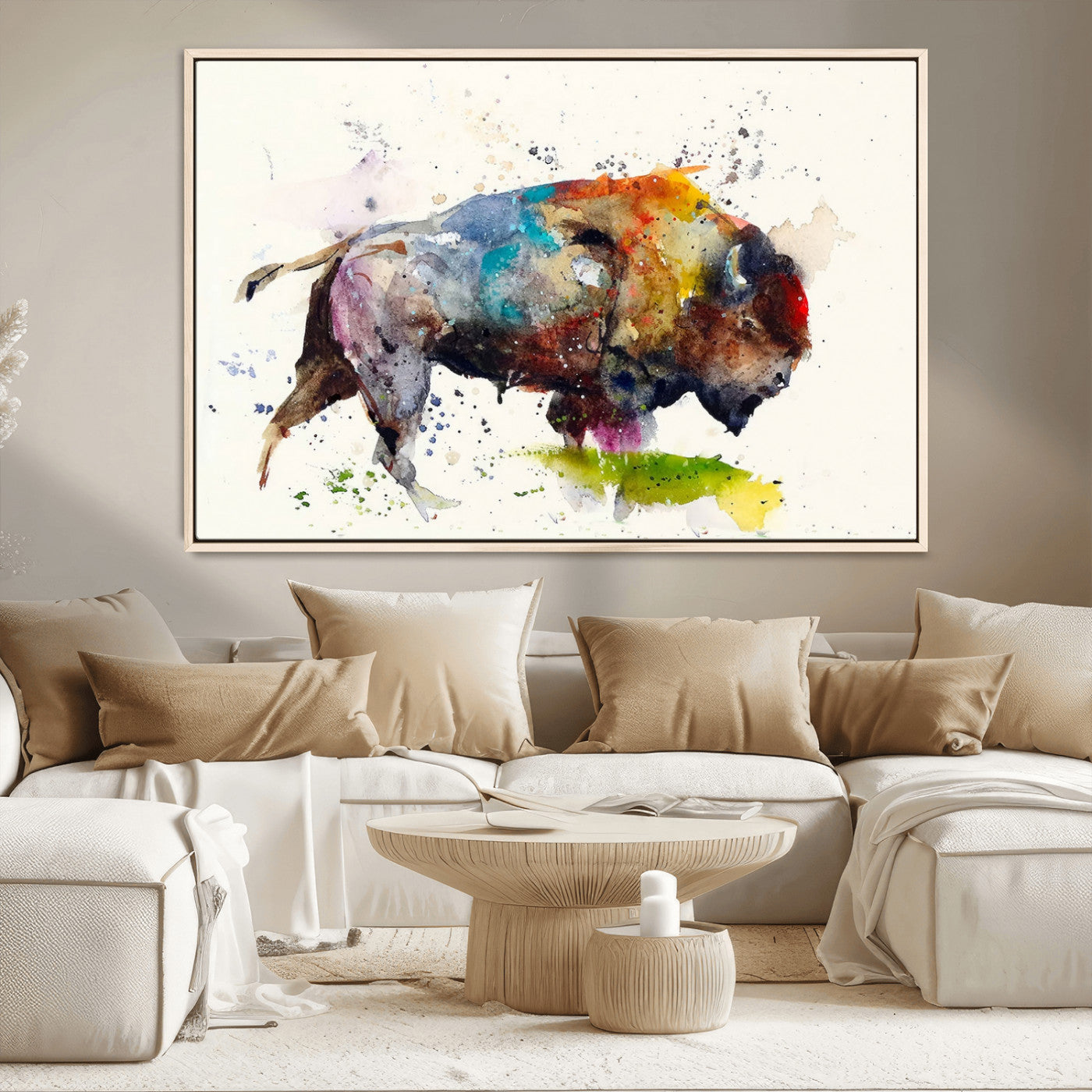 MGV-FC-36X24 - Abstract Buffalo Wall Art, Western Watercolor Bison Canvas Print, Rustic Buffalo Art for Cowboy and Western Decor, Large Multi-Panel Giclee Canvas
