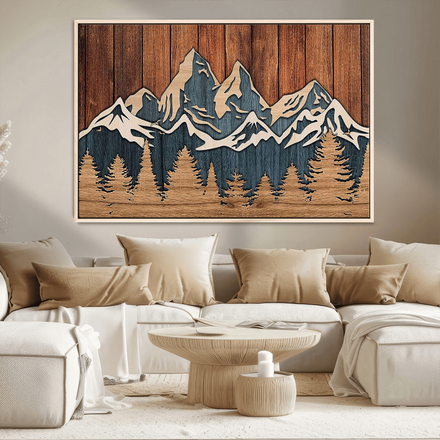 MGV-FC-36X24 - Rustic Wood Style Mountain Wall Art, Nature Forest Canvas Print, Wooden Textured Mountain Artwork, Handcrafted Landscape Decor for Farmhouse Decor