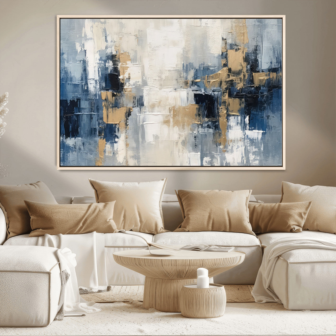 -Modern Abstract Canvas Wall Art in Blue and Gold Tones | Large Contemporary Art for Living Room,