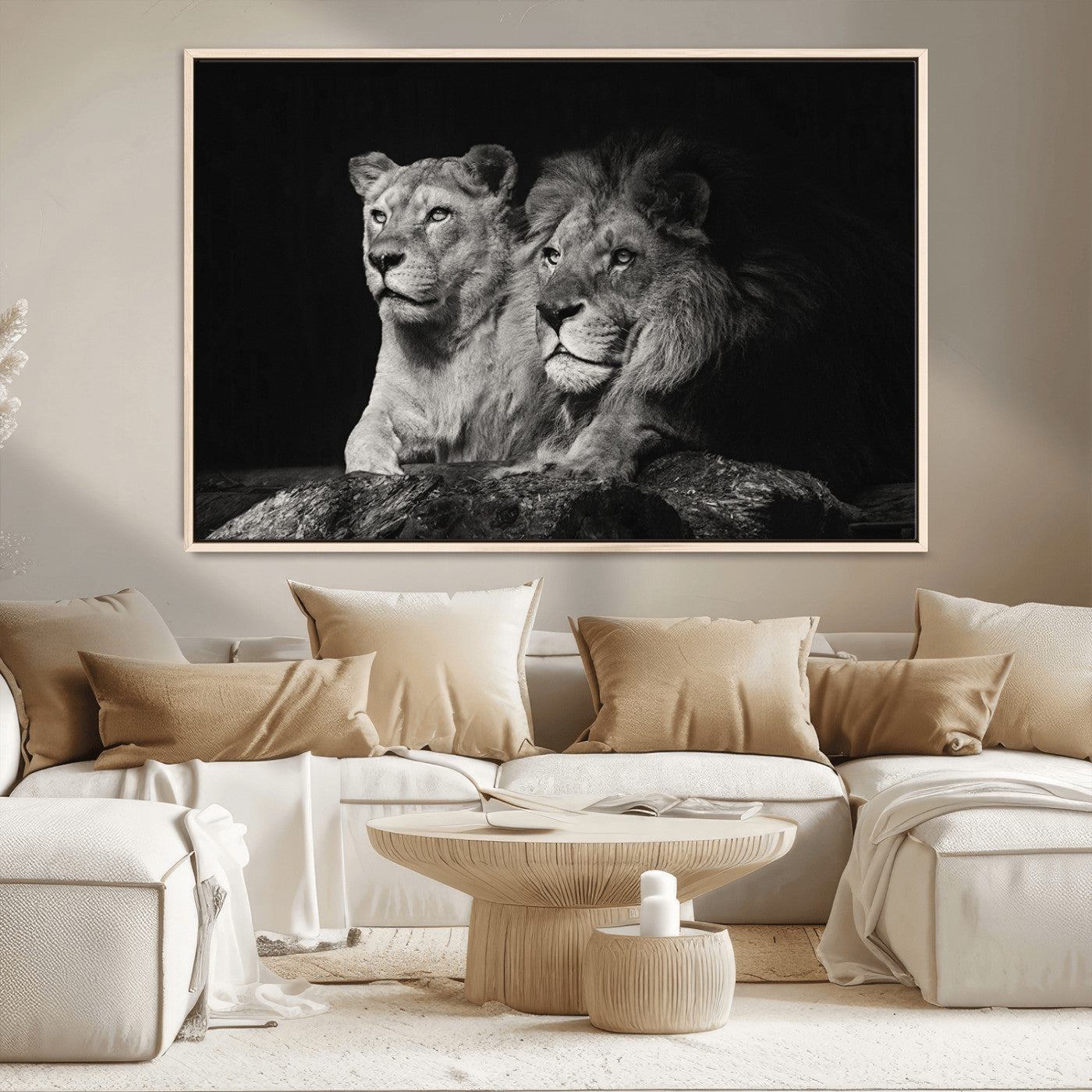 MGV-FC-36X24 - Lion Couple Canvas Wall Art Print – Elegant Wildlife Portrait in Black and White Lion Family – Ready to Hang