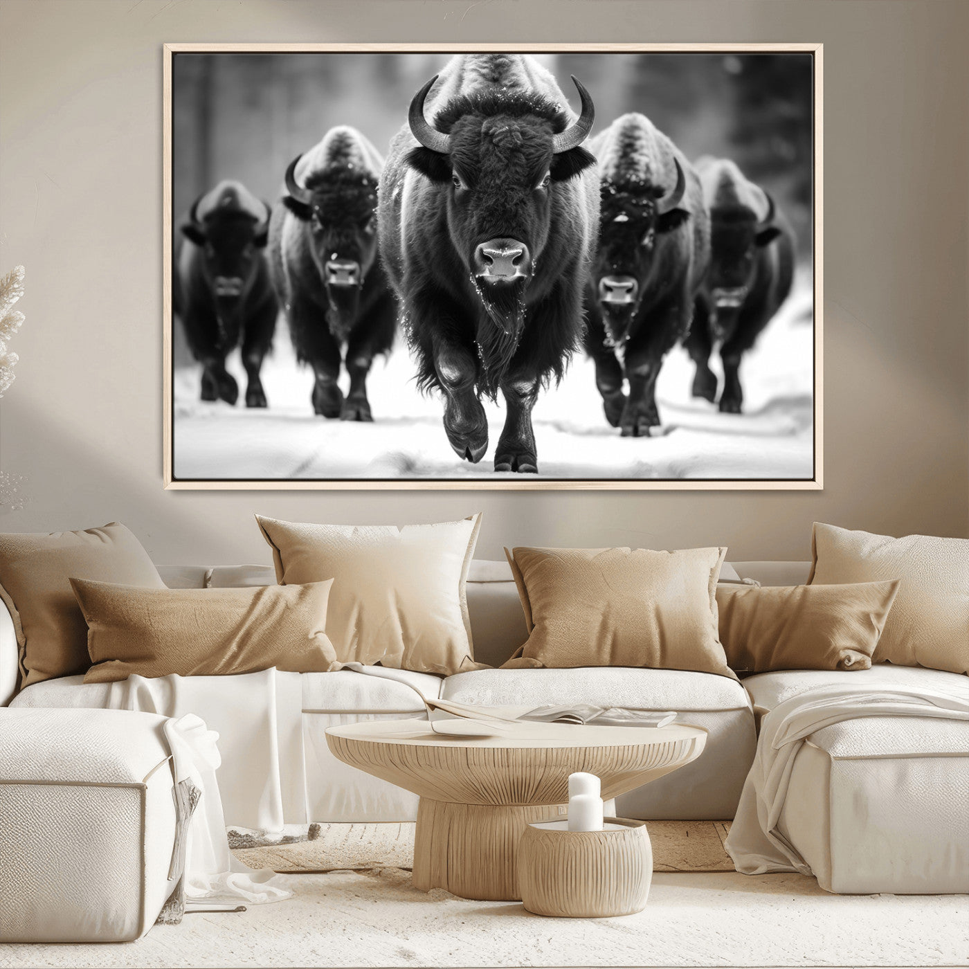 MGV-FC-36X24 - American Bison Art | Buffalo Herd Wall Art Canvas Print, BW American Bison Herd Wall Art Canvas Print