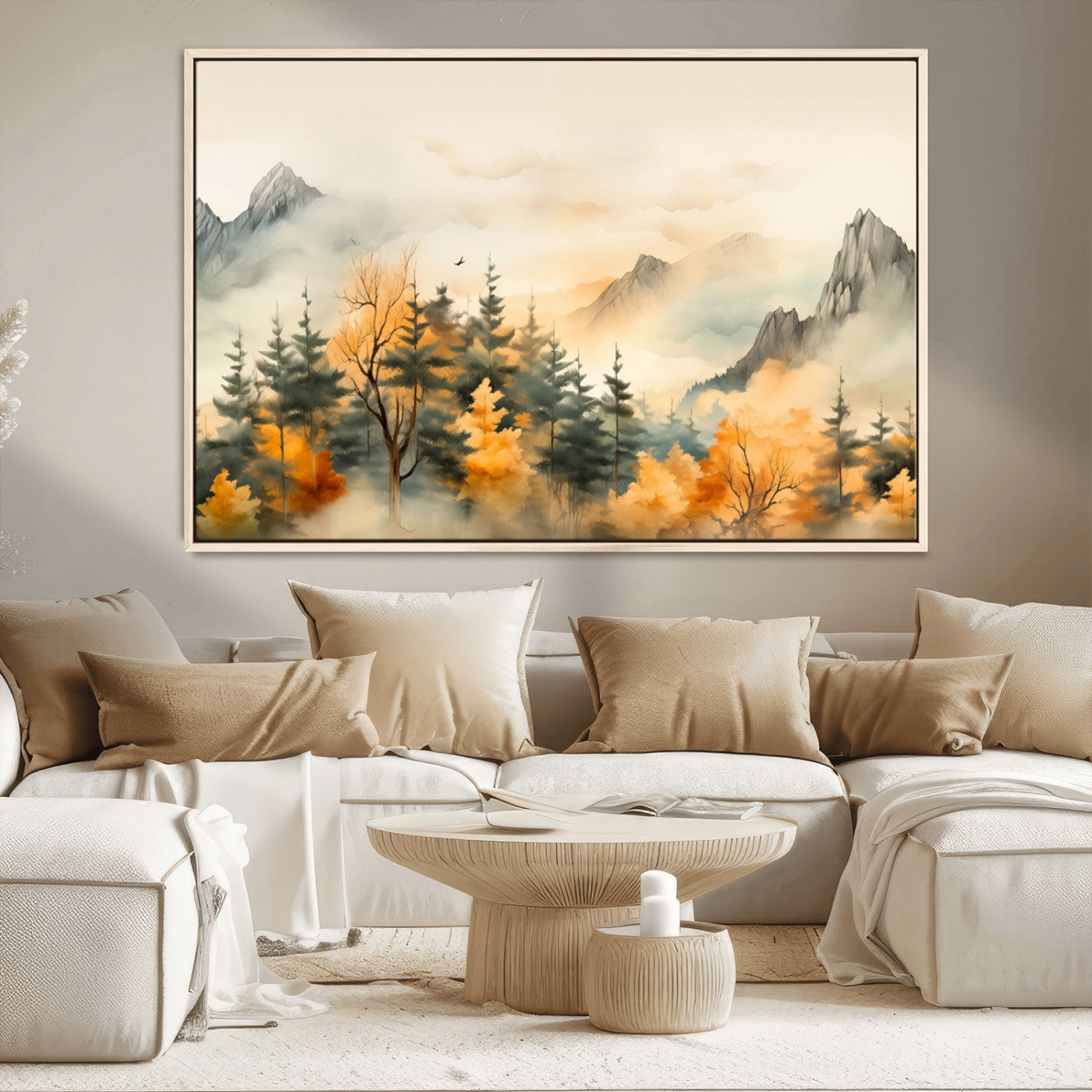 MGV-FC-36X24 - Abstract Watercolor Mountains and Trees Autumn Art, Watercolor Mountains and Trees Canvas Print