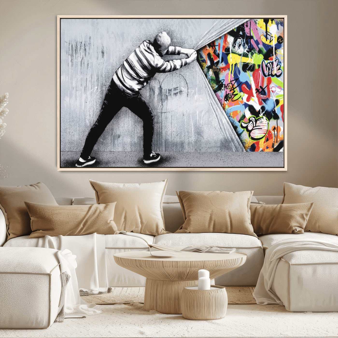 MGV-FC-36X24 - Banksy Art Behind the Curtain Street Wall Art Canvas Print | 3-Panel Urban Graffiti-Inspired Wall Art for Living Room or Office