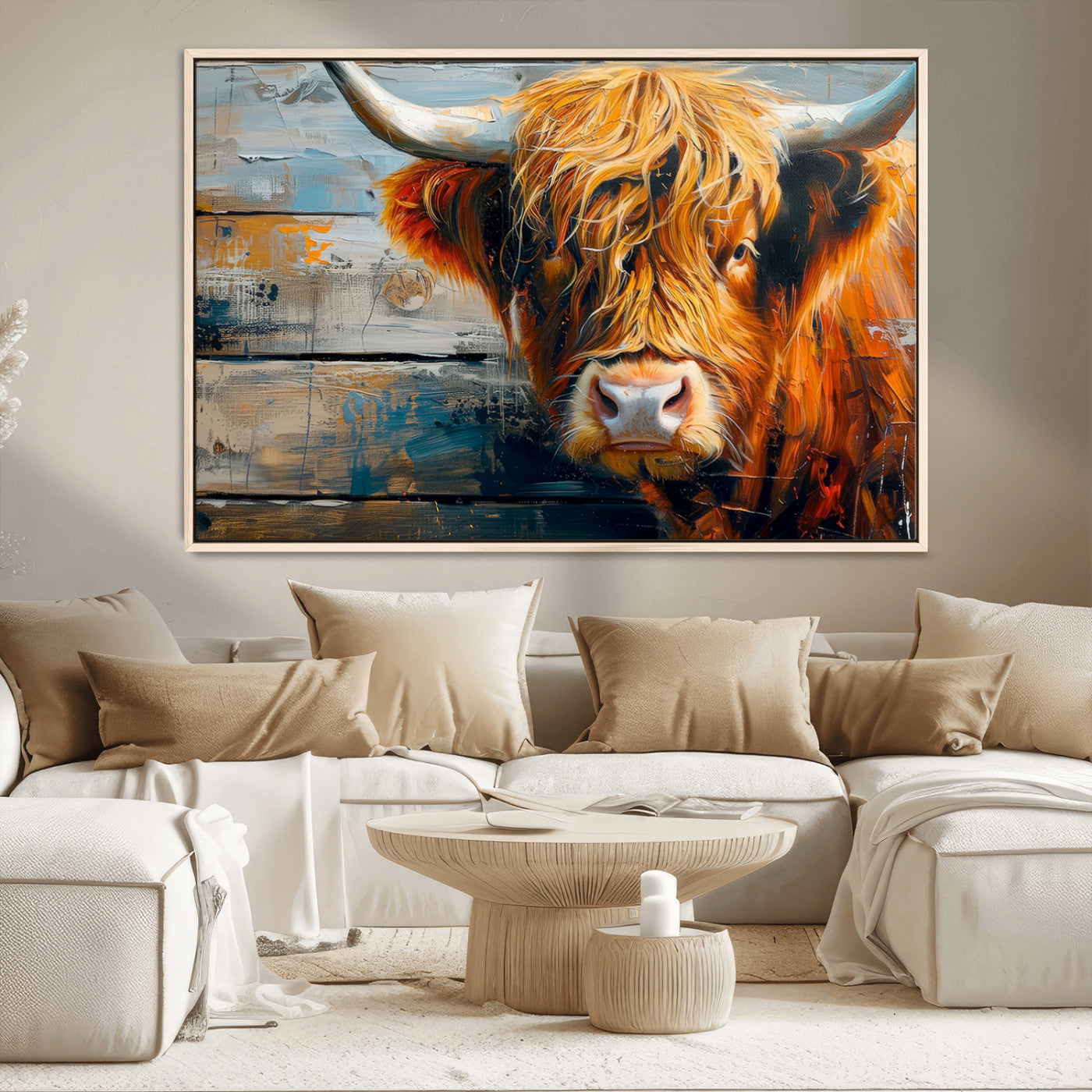 -Highland Cow Abstract Canvas Wall Art – Bold Farmhouse Rustic Decor – Ready to Hang