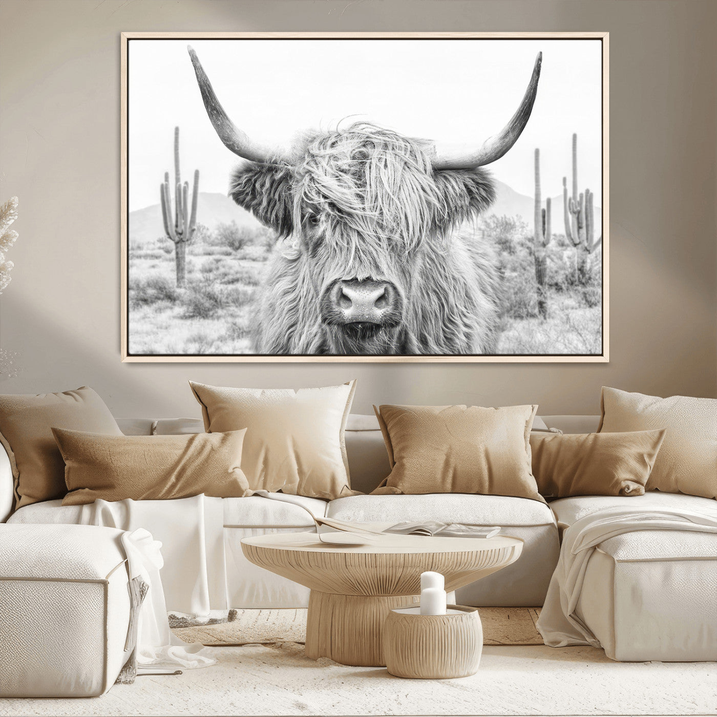 -Rustic Charm | Cow Longhorn Black White Bighorn Wall Art Canvas Print | Farmhouse Wall Art