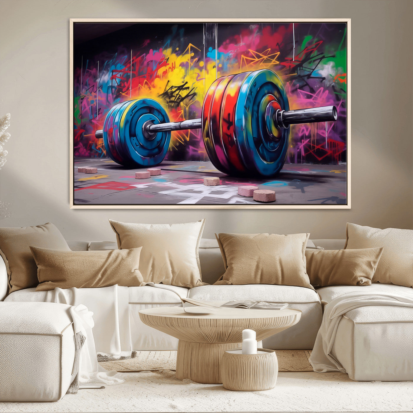 MGV-FC-36X24 - Abstract Graffiti Barbell Canvas Wall Art – Urban Fitness Meets Bold Street Art Print - Gym Wall Art Print