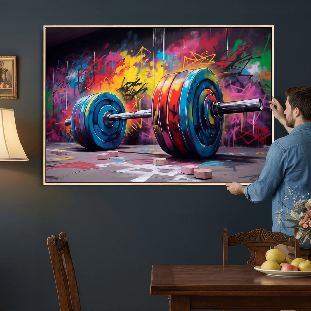 13549-MGV-CV-36X24 - Abstract Graffiti Barbell Canvas Wall Art | Urban Fitness Meets Bold Street Art