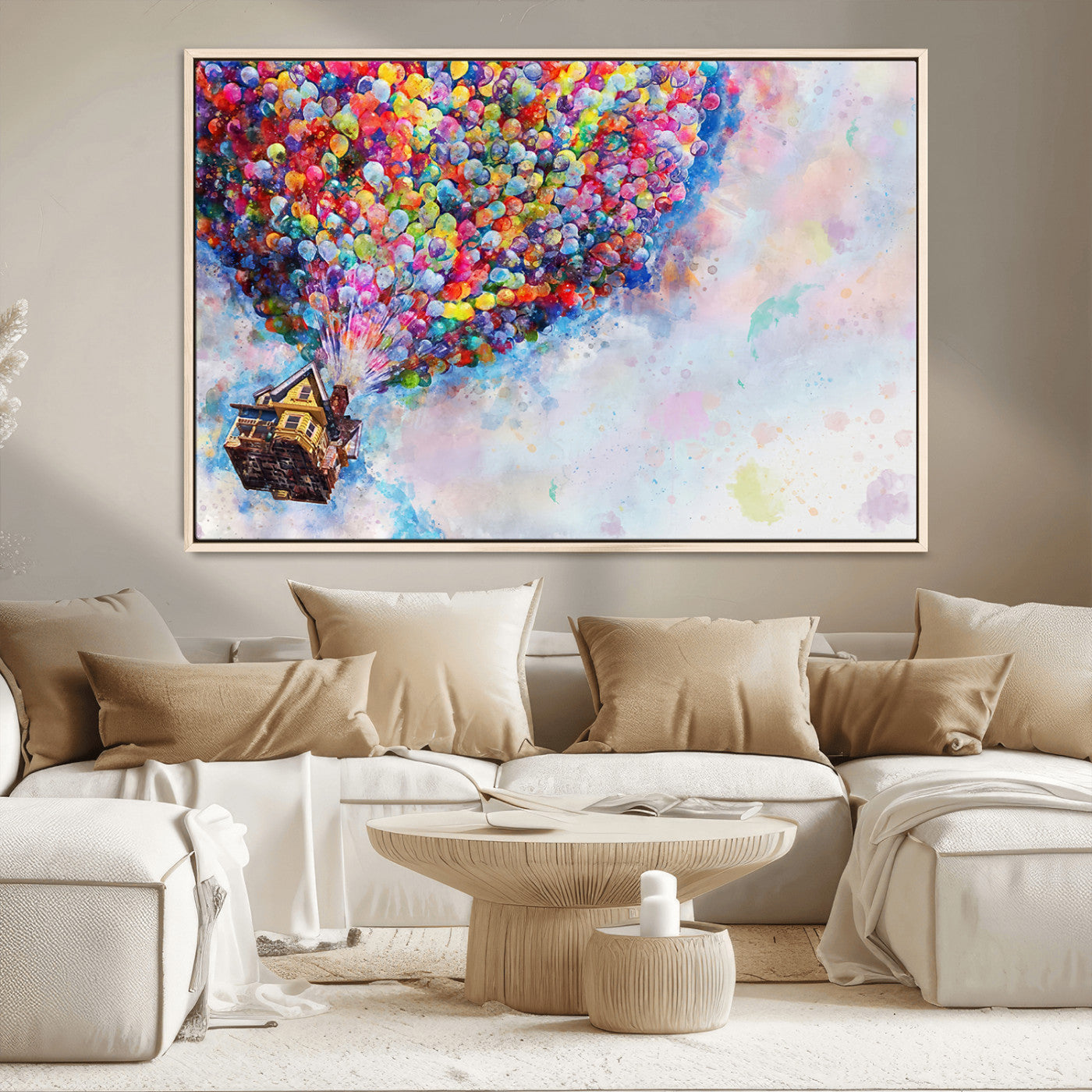 MGV-FC-36X24 - Don't Look Up Movie Canvas Wall Art - Vibrant Floating House and Balloons Scene, Tribute to Iconic