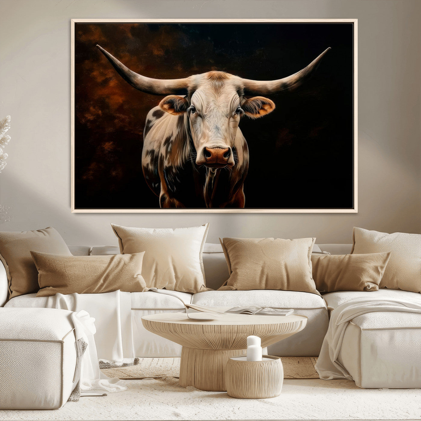 MGV-FC-36X24 - Texas Longhorn Wall Art | 3-Panel Large Texas Longhorn Canvas Print for Living Room, Office, or Farmhouse Decor | Framed Giclee Longhorn Wall Art