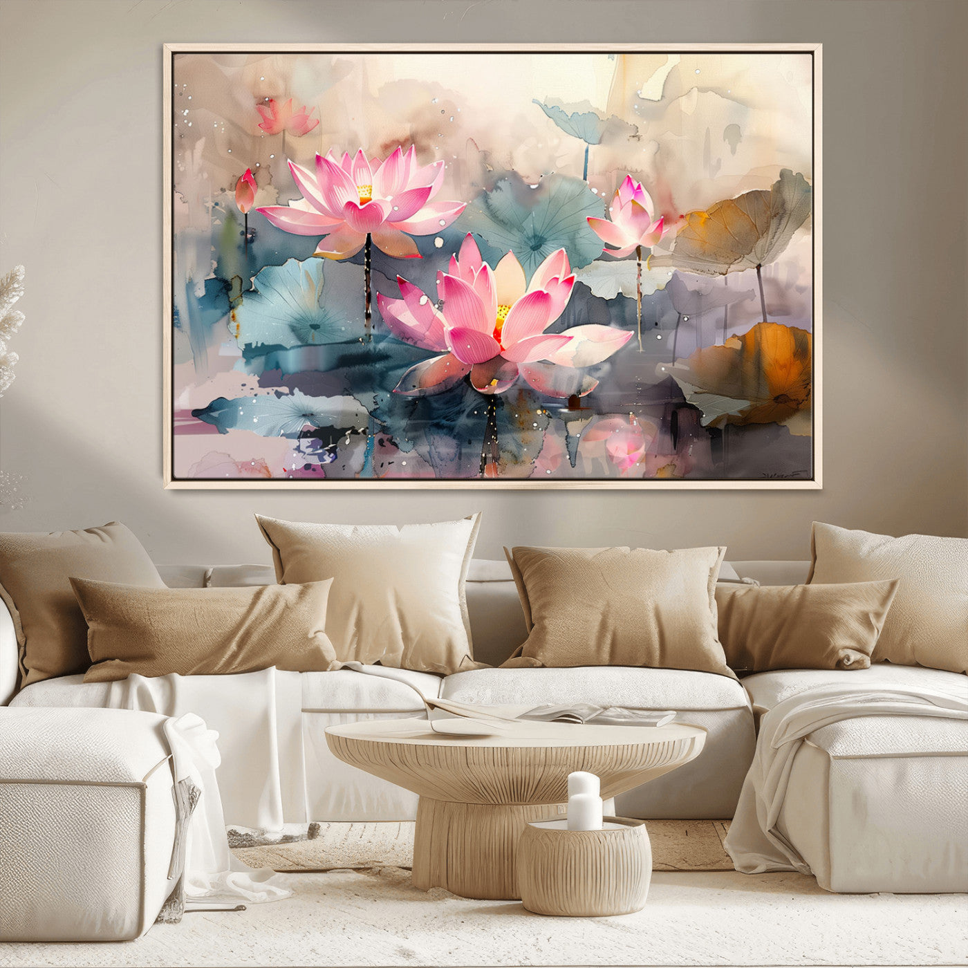 MGV-FC-36X24 - Lotus Flower Wall Art | 3-Panel Giclee Canvas Print of Pink Lotus Blossoms for Living Room, Bedroom, Office | Framed Lotus Floral Wall Art Decor Print