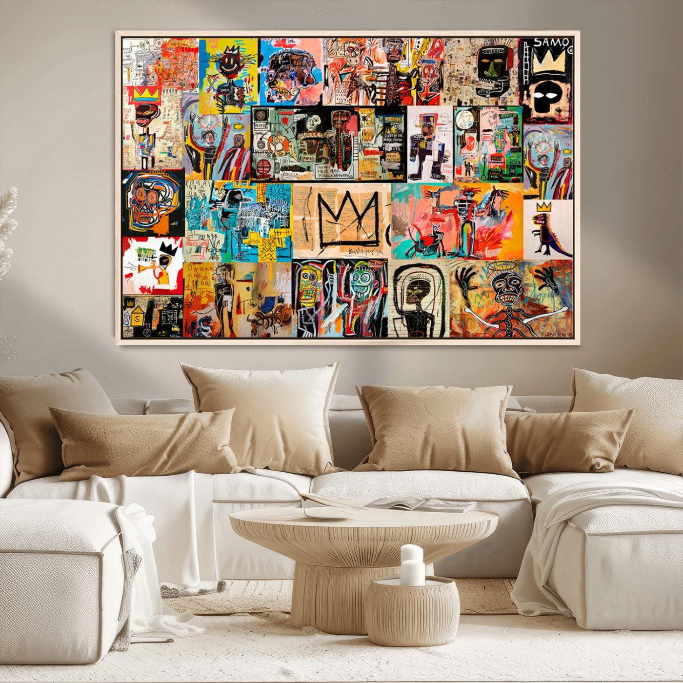 MGV-FC-36X24 - Basquiat Art Collage Wall Art Canvas Print – Framed, Ready to Hang, Urban Graffiti Style