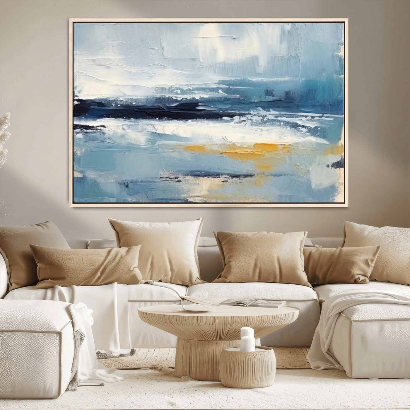 MGV-FC-36X24 - Abstract Ocean Canvas Wall Art - Coastal Blue and Gold Textured Painting, Modern Seascape Decor for Living Room Decor