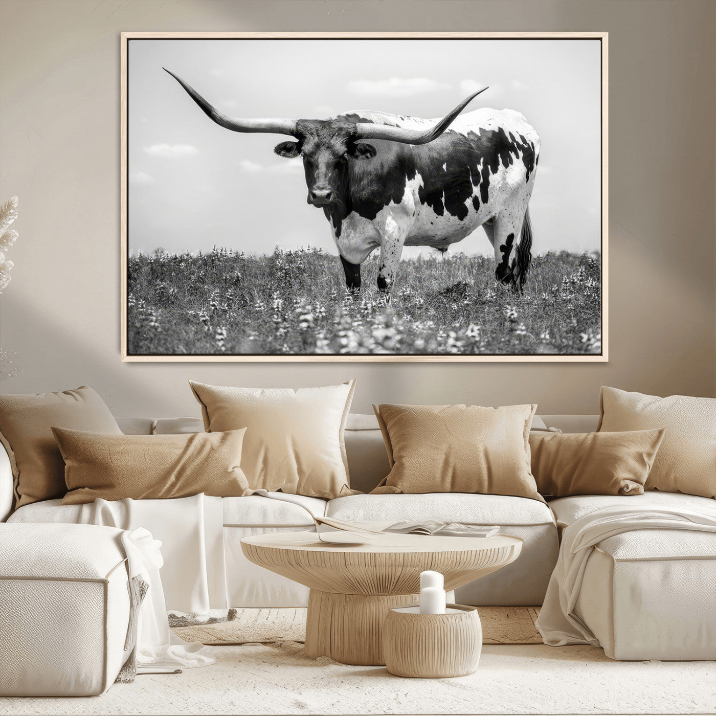 -Texas Black White Highland Longhorn Cow Wall Art Canvas Print