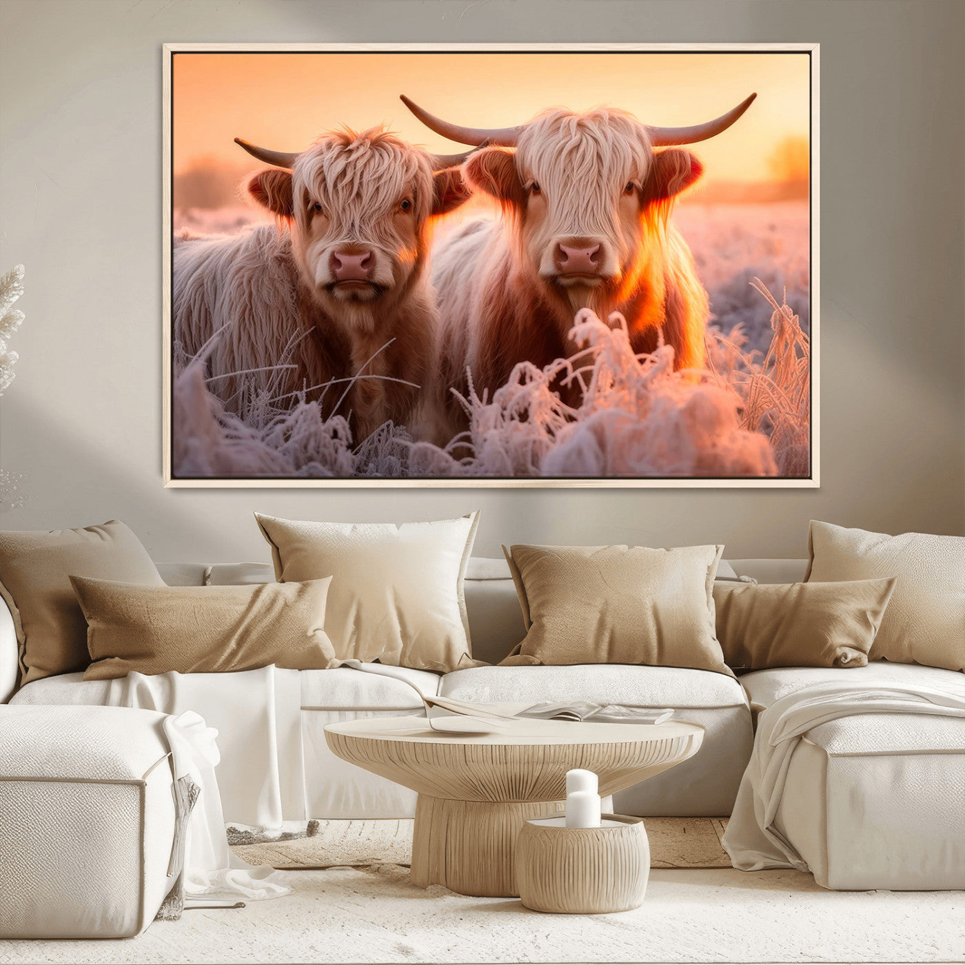 -Highland Cows at Sunrise Wall Art Canvas Set – Serene and Rustic Farmhouse Decor