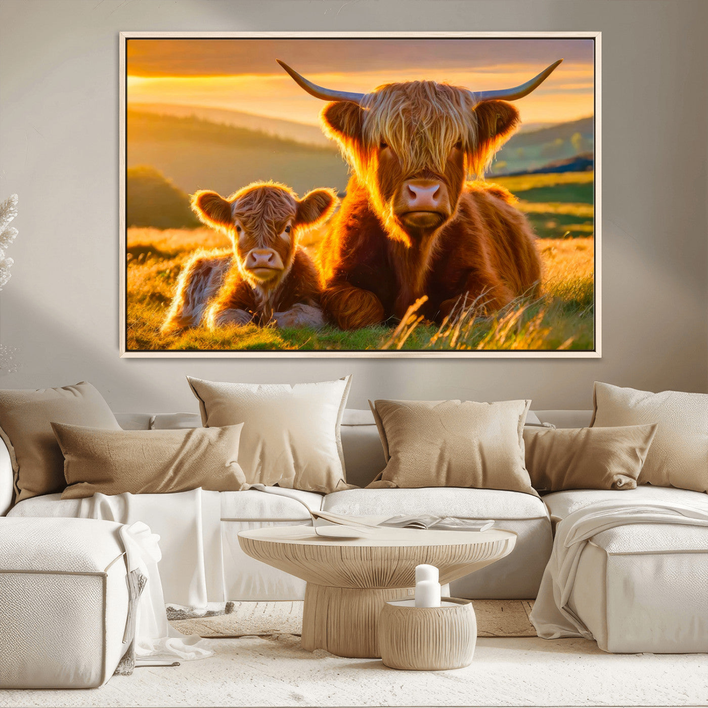 -Scottish Cow and Baby Cow Canvas Wall Art Animal Print Fluffy Cattle Framed Farmhouse Decor