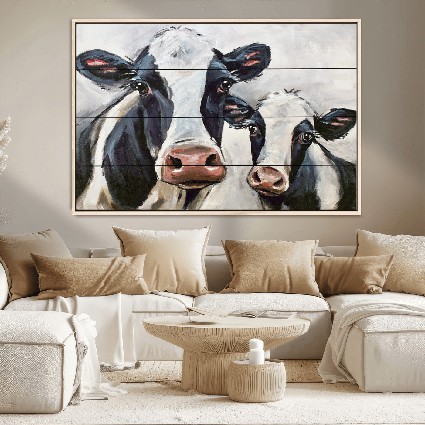 -Vintage Baby and Mom Cattle Wall Art Canvas Print